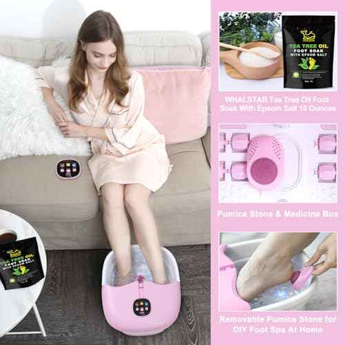 Foot Spa Bath Massager with Heat Bubbles and Vibration Massage and Jets, 16oz Tea Tree Oil Foot Soak Epsom Salt, WHALSTAR Collapsible Foot Bath Bucket With Infrared Fighting Infections & Remote - PINK