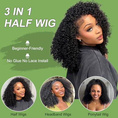 Kinky Curly Half Wig Human Hair 200 Density 3 In 1 Seamless Flip Over Half Wig 20 Inch Drawstring Headband Wig Human Hair Glueless Wear and Go Beginner Friendly Curly Human Hair Wigs for Women