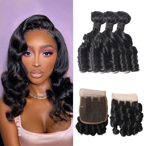 12A Real Brazilian Curly Human Hair Bundles 3 Pcs 12 Inch Bundle with 4x4 Lace Closure 100% Unprocessed Brazilian Virgin Human Hair Vogue Curly Extensions for Black Women Natural Color