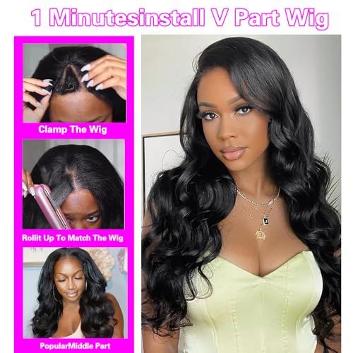 Xagujpo Glueless V Part Wig Human Hair Body Wave for Black Women Upgrade U Part Human Hair Wig 100% Beginner Friendly No Sew In No Glue 180% Density Natural Color (18 inch)