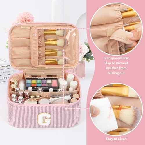 OCHEAL Makeup Bag for Women, Monogram Cosmetic Bag with Brush Holder, Pink Travel Makeup Case Beauty Toiletry Bag Organizer Personalized Gifts for Girls Bridesmaid, Sister, Wife, Friends Initial G