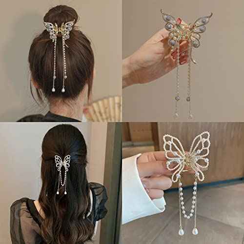 2PCS Butterfly Hair Clips for Women Metal Nonslip Small Claw Clip Peal Tassel Sparkling Hairpins Fashion Styling Hair Accessories Gift