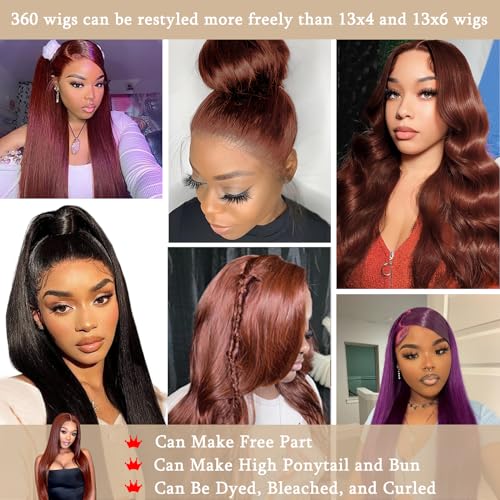 Reddish Brown Lace Front Wigs Human Hair 360 Wig Human Hair Full Lace Straight Colored Ponytail Wig 360 HD Transparent Lace Front Wigs Pre Plucked for Black Women Natural Hairline 22 inch