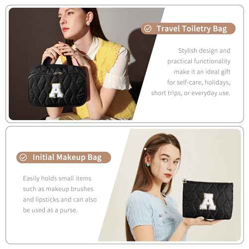 YOOLIFE Teen Girl Gifts Trendy Stuff - Birthday Gifts for 7 8 9 10 11 12 13 14 15 16 17 18 Year Old Teen Girls, Hanging Toiletry Bag Initial Makeup Bag Black - A
