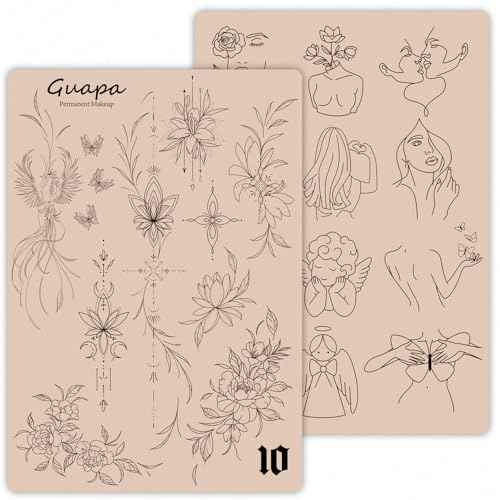 2PCS Double-Sided Tattoo Practice Skin with Pre-Printed Light Gray Stencil Designs ?1.5mm Thick Silicone Pad for Fine Line & Tiny Tattoo Training (2PCS Pink Pad #10)