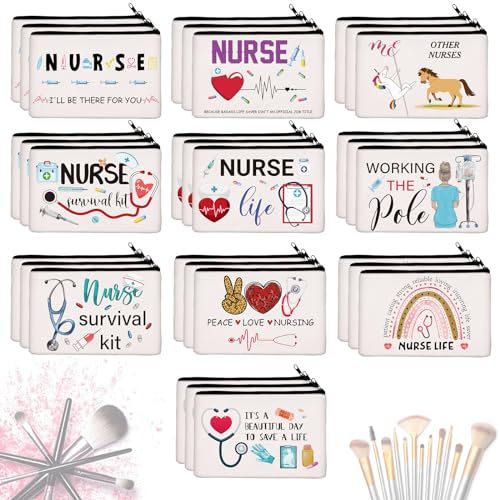 Irenare 30 Pcs Nurse Appreciation Week Gifts Nurse Survival Kit Canvas Makeup Bags Cosmetic Peace Love Nursing Travel Toiletry Case Earpiece Toiletry Zipper Pouch Bag Thank You Gift(Nurse)