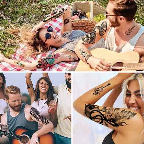 77 Sheets Music Temporary Tattoos Adult Kids Fake Tattoos Birthday Festival Party Favors Half Arm Sleeves Guitar Violin Piano Music Notes Stickers for Men Women