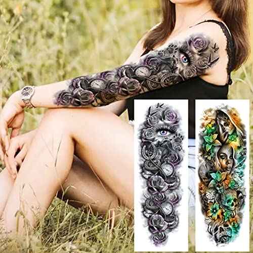 11 Sheets NEZAR Large Vine Peony Flower Rose Full Arm Temporary Tattoos For Women Realistic Skull Skeleton Fake Temporary Tattoo Sleeves Stickers Waterproof Leg Makeup Floral Blossom Tatoos Paper Eye