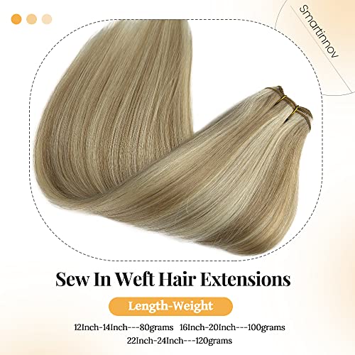 Sew in Weft Hair Extensions Human Hair 22Inch Light Brown Highlights Platinum Blonde Sew in Hair Extension Real Human Hair Highlights Weft Virgin Hair Full Head Hair Bundles 120g for White Women