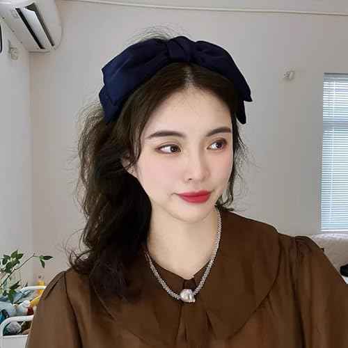 Navy Blue Bow Headband for Women Girls Satin Navy Blue Hair Bows Silk Bowknot Headband Christmas Head Band with Bow Headpiece Headwear Knotted Bowknot Headbands for Women Christmas Hair Accessories