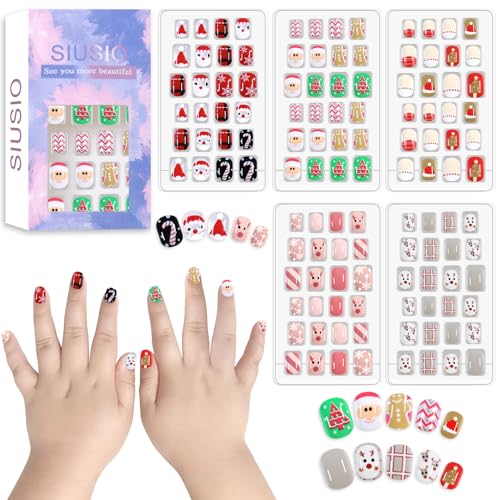 SIUSIO 120Pcs 5 Pack Press on Nails kids Children Acrylic Fake Nails Cute Pre-glue Full Cover Gradient Color Rainbow Short Stick On False Nail Art Kits Set for Kids Little Girls - Christmas Elves
