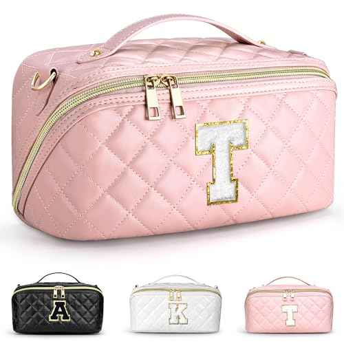 TOPEAST Travel Makeup Bag, Large Capacity Initial Cosmetic Bags for Women, Waterproof Portable Pouch Open Flat Toiletry Bag Quilted Make up Organizer with Divider Handle, Birthday Gift for Women, T