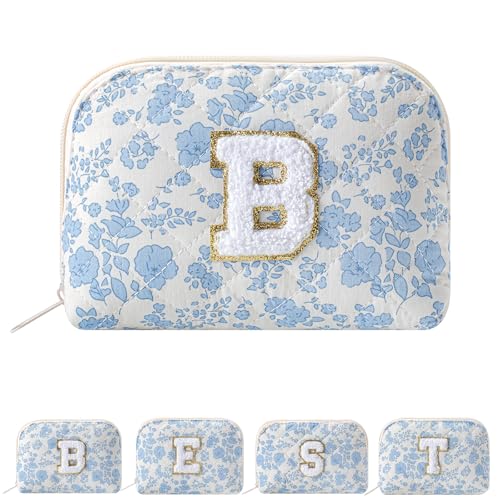 JOVAKIT Conch Alphabet Makeup Bag Cosmetic Bag for Women, Christmas Gifts for Women Girls, Blue Floral Coquette Travel Bag, Zipper Make Up Pouch Organizer Trendy Stuff (Blue Floral B)