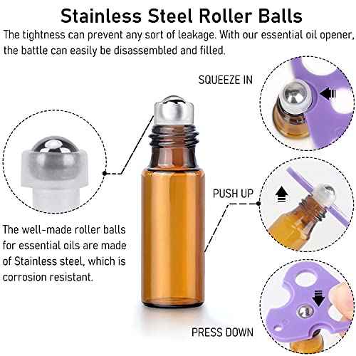 Easytle Essential Oil Roller Bottles, 24 Pack Amber Glass Balls Roller Bottles 5ml for Essential Oils, Roll on Bottle (96 Pieces Labels, 4 Funnels, 4 Dropper, 2 Opener)