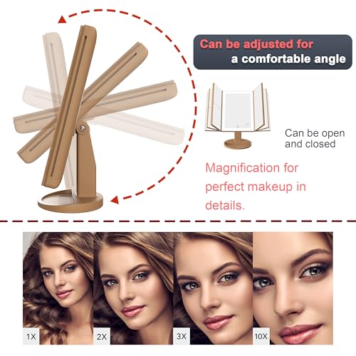 RoLeDo Trifold Lighted Makeup Mirror with 72 LED Lights, Magnification 1X/2X/3X/10X, Cheetah Leopard Print Vanity Mirror with Lights, 3 Color Lighting Modes, Dual Power, Gift Box Set