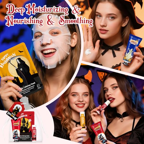 60 Pack Bulk Halloween Facial Mask, Hand Cream and Lip Balm Sets, Halloween Gifts, Halloween Party Favors, Halloween Decorations and Halloween Basket Stuffers with Halloween Card and Organza Bags