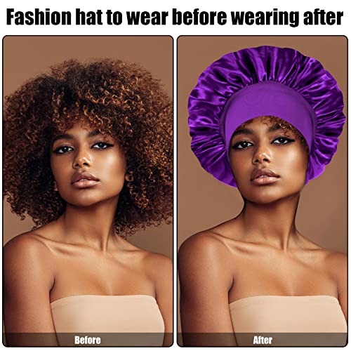 4Pcs Silk Satin Bonnets for Sleeping - Elastic Wide Band Wrap for Black Women Men,Silk Bonnets for Curly Hair,Large Hair Cap for Sleeping (Black+Wine Red+Purple+Brown)