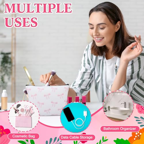 18 Pcs Pink Bow Glass Cups with Lids Coquette Bow Cosmetic Makeup Bag Pink Hair Scrunchies Ties for Women Birthday Wedding Gift Bridesmaid Bridal Valentines Christmas