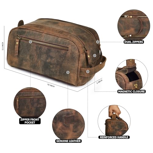 LEATHER VILLAGE Premium Leather Toiletry Travel Pouch With Waterproof Lining - Brown | King-Size Handcrafted Vintage Dopp Kit Bag