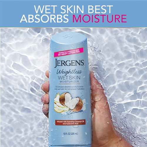 Jergens Wet Skin Body Lotion with Coconut Oil, In Shower Lotion for Dry Skin, Fast-Absorbing, Non-Sticky, Dermatologist Tested, 10 Ounce