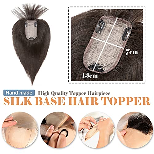 Hairro Human Hair Toppers With Bangs Clip In Remy Topper Hairpiece For Women Silk Base Clip On Toupee With Wispy Air Bang For Thinning Hair Loss 10 Inch 33g #2 Dark Brown