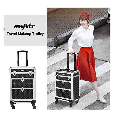 mefeir Aluminum Rolling Makeup Train Case, Portable Makeup Organizer Suitcase, Cosmetic Storage Box, Travel Beauty Luggage Trolley Lockable w/4 Removable Wheels & 2 Sliding Drawers (Black)