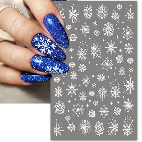 Large Snowflake Nail Stickers, Christmas 3D Self-Adhesive Nail Art Decals - White Snowman Santa Elk Design for DIY Manicure Winter Xmas DIY Nail Decorations (4 Sheets)
