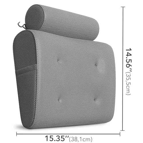 Everlasting Comfort Luxury Bath Pillows for Tub with Head and Neck Support - Non-Slip Bathtub Pillow with Suction Cups, Quick-Drying Mesh & Drying Hook - Jacuzzi & Spa Accessories for Women - Gray
