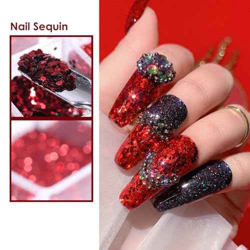 12Grid Red Nail Glitter Holographic Powder for Christmas, Winter & Festival Nail Designs - DIY Manicure Decoration