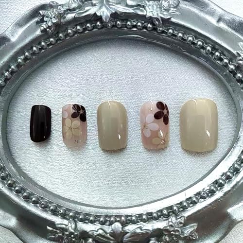 Press on Nails Short Square Fake Nails with Flower Designs Simple Glue on Nails Full Cover False Nails Press ons Acrylic Glossy Stick on Nails for Women Girls 24 Pcs