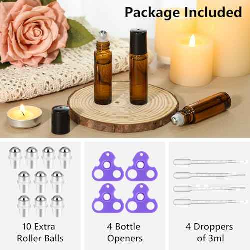 KEYWING 54 Pack Empty Essential Oil Roller Bottles ? 10ml Amber Glass Roll-On Bottles with Stainless Steel Roller Balls & Caps, Refillable Perfume Containers for DIY & Travel