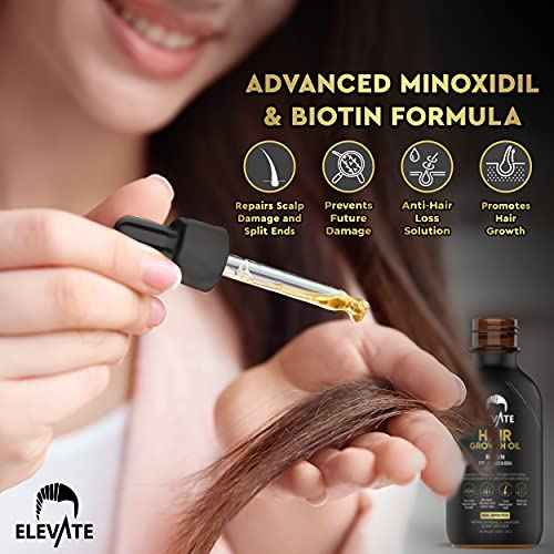Elevate Hair Regrowth Treatment 5% Minoxidil Solution ? Biotin Serum Hair Growth Oil for Men & Women - Thicker Fuller Stronger Hair - Stops Hair Loss & Thinning - Natural Hair Thickening Treatment 2oz