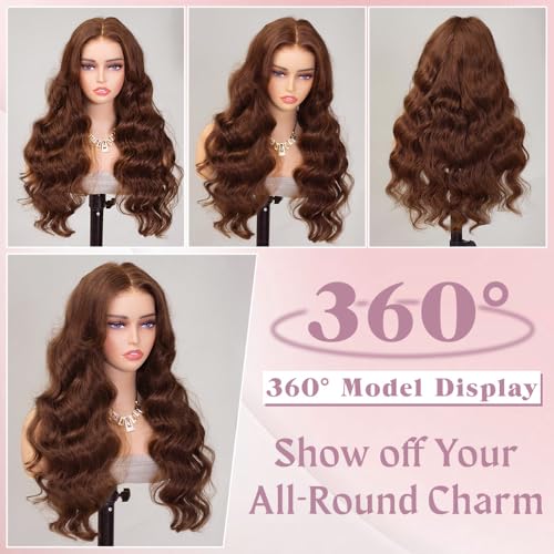 32 Inch Chocolate Brown Lace Front Wig Human Hair 9x6 Brown Glueless Wigs Human Hair Pre Plucked Pre Cut 220 Density Wear and Go Glueless Wig with Baby Hair Brown Body Wave Wig for Women Brown Wig