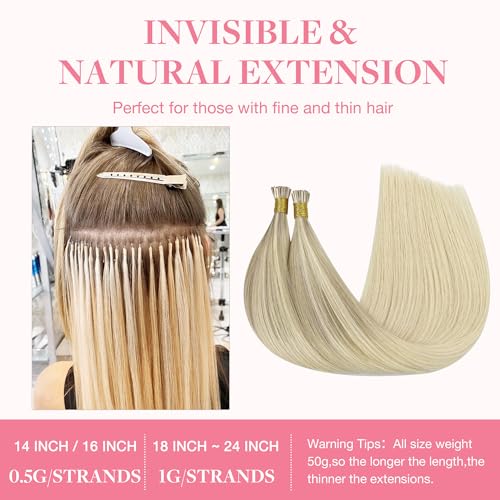 GOO GOO I Tip Hair Extensions Real Human Hair, 18inch 50g 50S, Cold Fusion I Tip Hair Extensions, Invisible Remy Hair Extensions, 17/22/60 Balayage Ash Blonde to Golden Blonde and Platinum Blonde