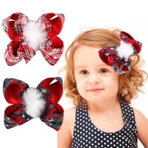 2PCS Christmas Hair Bows for Girls Large Bow Hair Barrette Clip Christmas Bow Clips for Toddler Baby Christmas Plaid Hair Bow Handmade Snowflakes Bowknot Hairpins Kids Hair Accessories(Style A)