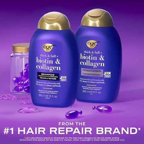 OGX Thick & Full + Biotin and Collagen for Hair Volume & Body, Sulfate Free Volumizing Shampoo & Conditioner Set for Fine & Thinning Hair, Nutrient-Infused, Vitamin B7, 13 fl oz, 2 Pack
