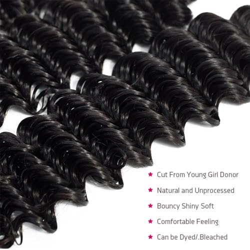 Deep Wave Human Hair Bundles 18 20 22 Inch Deep Curly Bundles Human Hair 12A Unprocessed Brazilian Virgin Weave 3 Bundles Double Weft Remy Hair Bundles Full and Thick