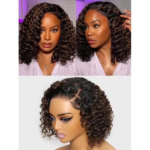 Julia Hair 8 Inch Ombre Brown Short Curly Bob Bye Bye Knots Glueless Wigs Human Hair Pre Cut 7x5 HD Lace Closure Wig Pre Cut Lace Closure Pre-Everything Pre-Plucked Pre Bleached Balayage Brown Wig