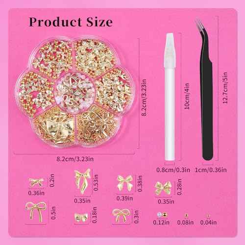 3D Metal Alloy Nail Bows Kit - Silver & Gold Bowknot Charms with 1-3mm Mini Caviar Beads, Tweezers, Pickup Pencil, Cute Nail Charms and Gems Jewelry in Petal-shaped Box (Gold-kit-1)