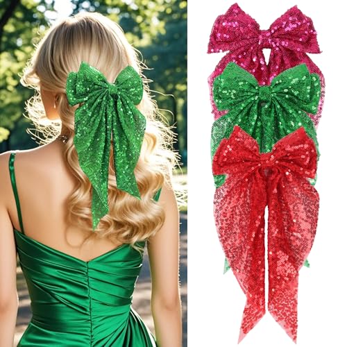 3PCS Big Bowknot Hair Clips Large Sequin Hair Bows Glitter Clips Soft Satin Silky Bowknot with long Tail Hair Bows Clips for Women and Girls Hair Accessories (rose red,red,green)