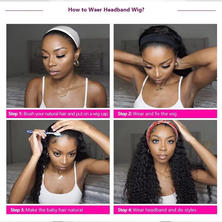 Long Headband Wig Human Hair Deep Wave Human Hair Wigs for Women Curly Half Wig None Lace Front Wigs 180% Density 26 Inch Brazilian Virgin Hair Natural Black Color