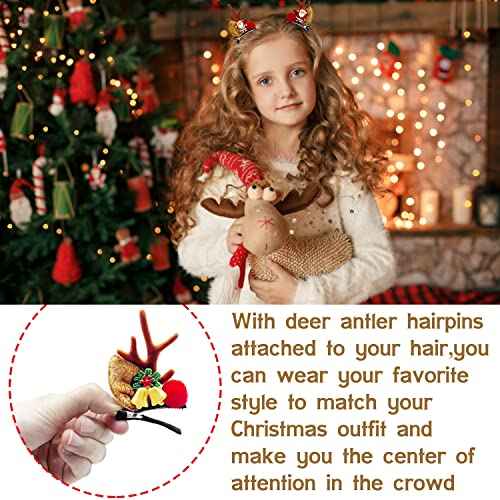 12 Pairs Reindeer Hair Clips, Deer Horn Barrettes for Women & Girls - Christmas Hair Accessories
