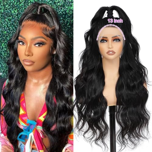 CITY GIRL 30 Inch Body Wave Lace Front Wigs Human Hair Pre Plucked 13x4 hd Transparent Lace Frontal Body Wave Human Hair Wig for Women 200 Density Natural Black