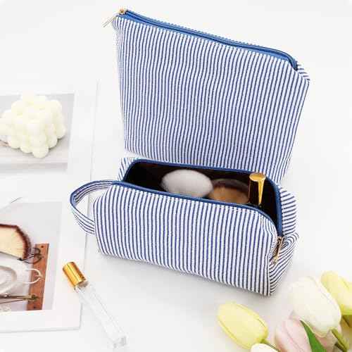 2 Pcs Makeup Bag, Toiletry For Women Cosmetic Bags Quilted Set Striped Preppy Make Up Pouch Gingham (Blue)