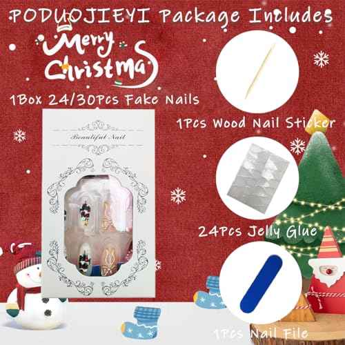 30Pcs Christmas Press on Nails Medium Almond Fake Nails Red French Tip Nails with Pearl Rhinestones Design 3D Bow False Nail Xmas Tree Flower Acrylic Nail Christmas Snowflake Glue on Nail for Women