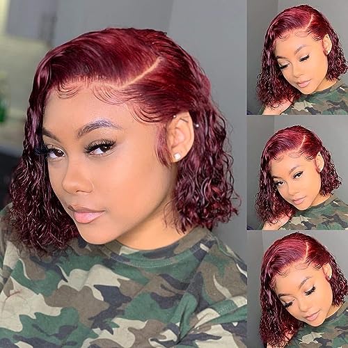 99j Burgundy Bob Lace Front Wigs Human Hair for Women 13x4 Hd Lace Frontal Short Curly Glueless Bob Wigs Pre Plucked Brazilian Remy Hair Wigs Wine Red Color 12 inch