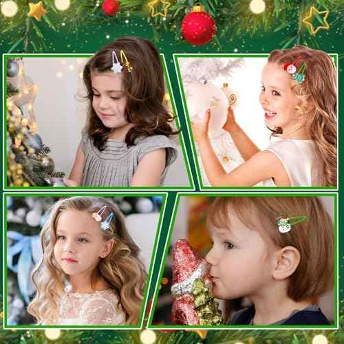 30PCS Christmas Hair Clips for Girls Women, Santa Claus Christmas Tree Bells Reindeer Snowman Snowflakes Stockings No Slip Snap Hair Pins Hair Accessories