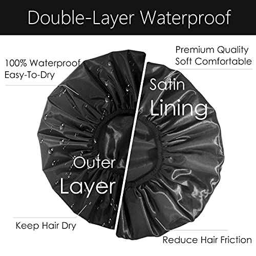 Auban Extra Large Shower Cap, Double-Layer Waterproof Reusable, XL Satin Lining Shower Bonnet for Women Thick, Long Hair, Locs, Braids(Black)