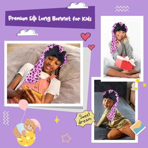 Lolalet Kids Bonnets for Girls, Long Silk Bonnet for Sleeping Kids Satin Bonnet Cap with Tie Band (F -1 Pc, Leopard)