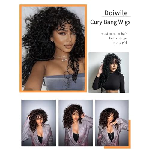 Shaggy Haircuts Curly Human Hair Wig with Bangs 4x4 HD Lace Closure Wig with Bangs Human Hair Wear and Go Glueless Wigs for Black Women 20inch